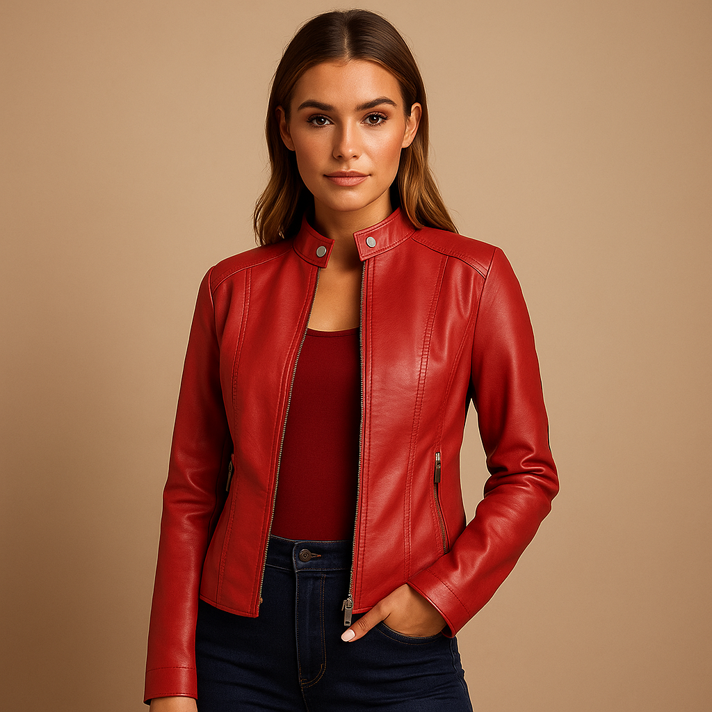 Women’s faux leather biker jacket with symmetrical zipper, snap-button collar, and silver details. Perfect for casual or elegant outfits.