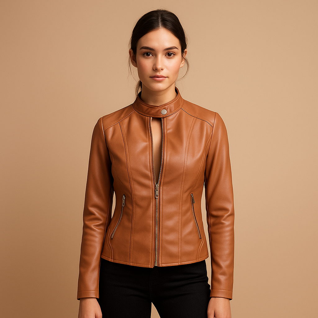 Women’s faux leather biker jacket with symmetrical zipper, snap-button collar, and silver details. Perfect for casual or elegant outfits.