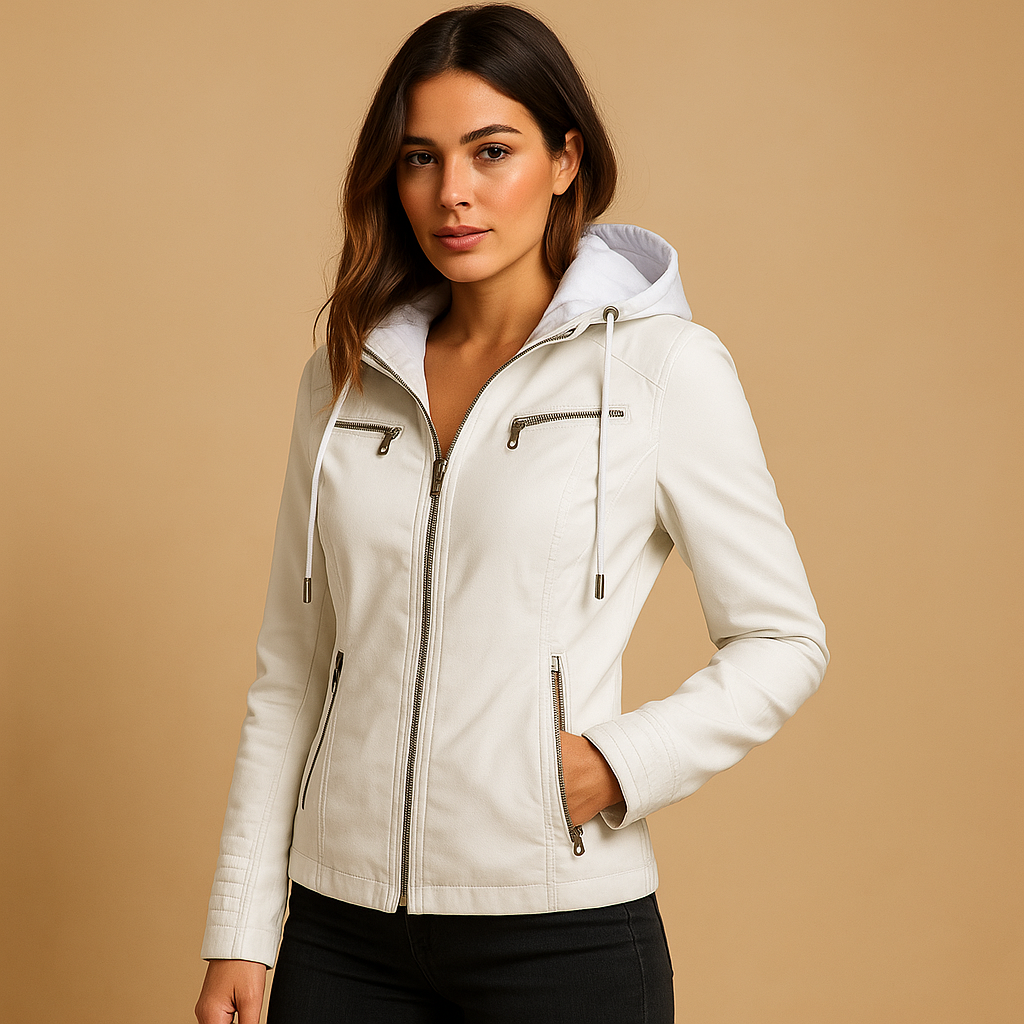 Women’s leather biker jacket in premium genuine leather with tailored fit, durable design, and versatile style for casual or formal outfits.
