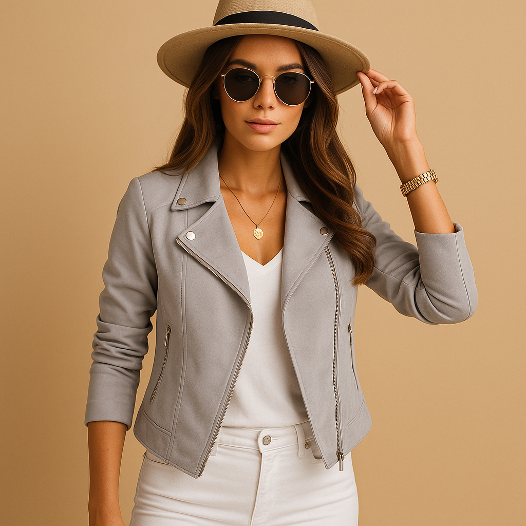 Women’s short summer jacket in breathable lightweight fabric with a modern cut, available in six elegant colors for casual or travel outfits.
