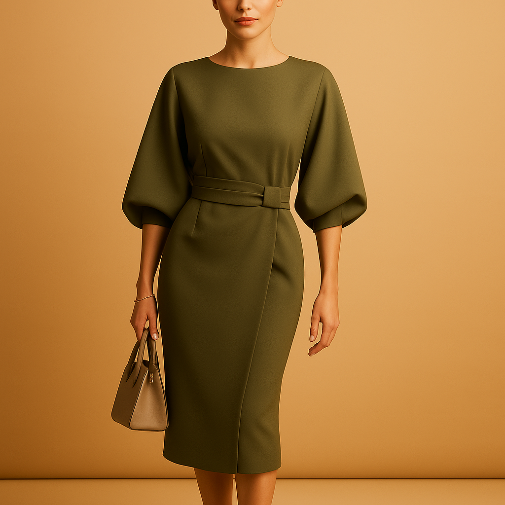 Elegant A-line midi dress with belt for women, featuring stylish bell sleeves and a flattering tailored fit, perfect for work or formal events.