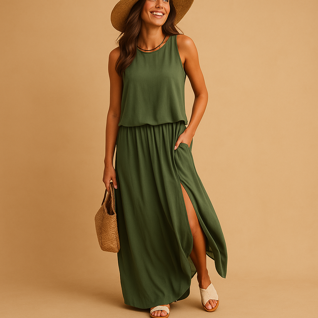 Women’s airy summer dress with breathable fabric, loose knee-length fit, and short sleeves. Perfect for casual days or chic summer evenings.