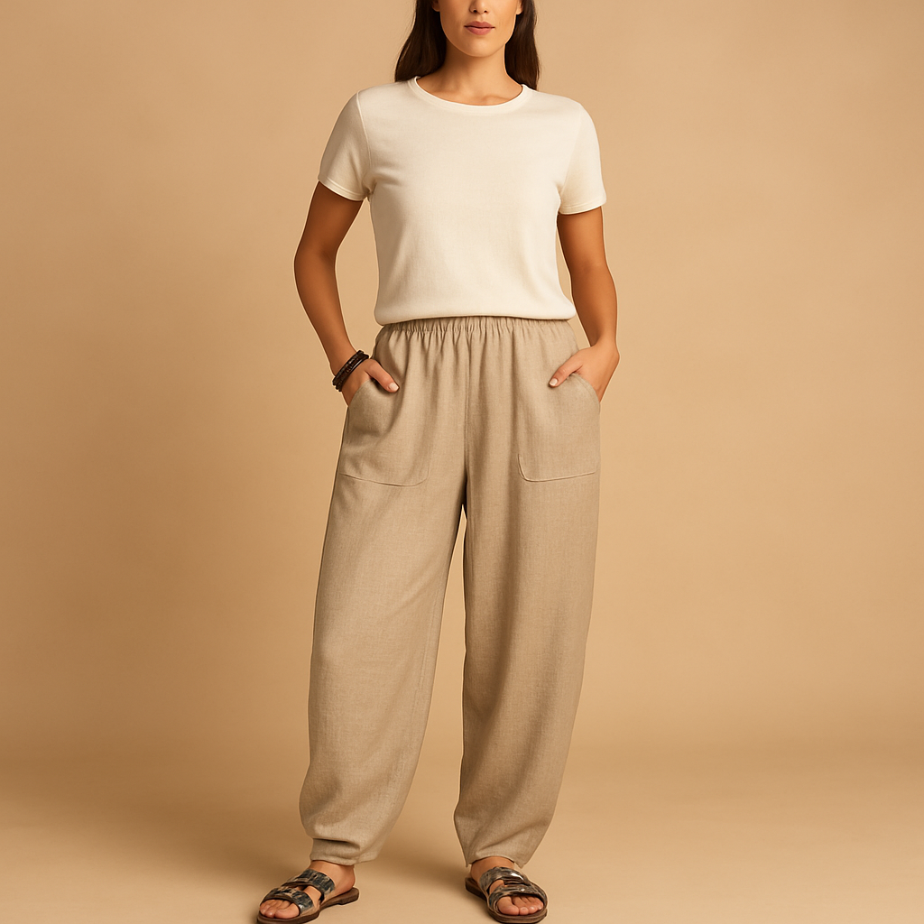 Women’s boho high waist summer pants with loose fit and functional pockets, ideal for beach days, city strolls, and casual summer outfits.