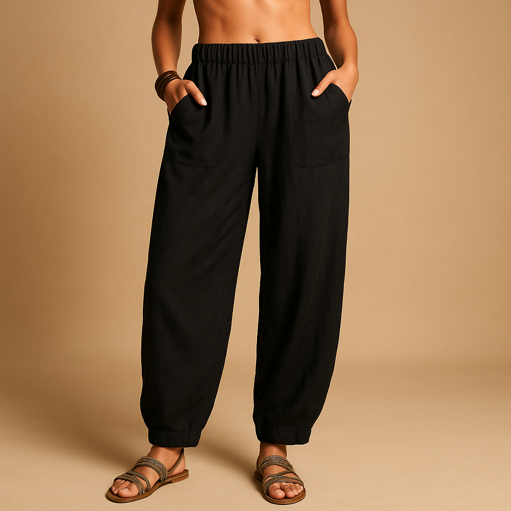 Women’s boho high waist summer pants with loose fit and functional pockets, ideal for beach days, city strolls, and casual summer outfits.