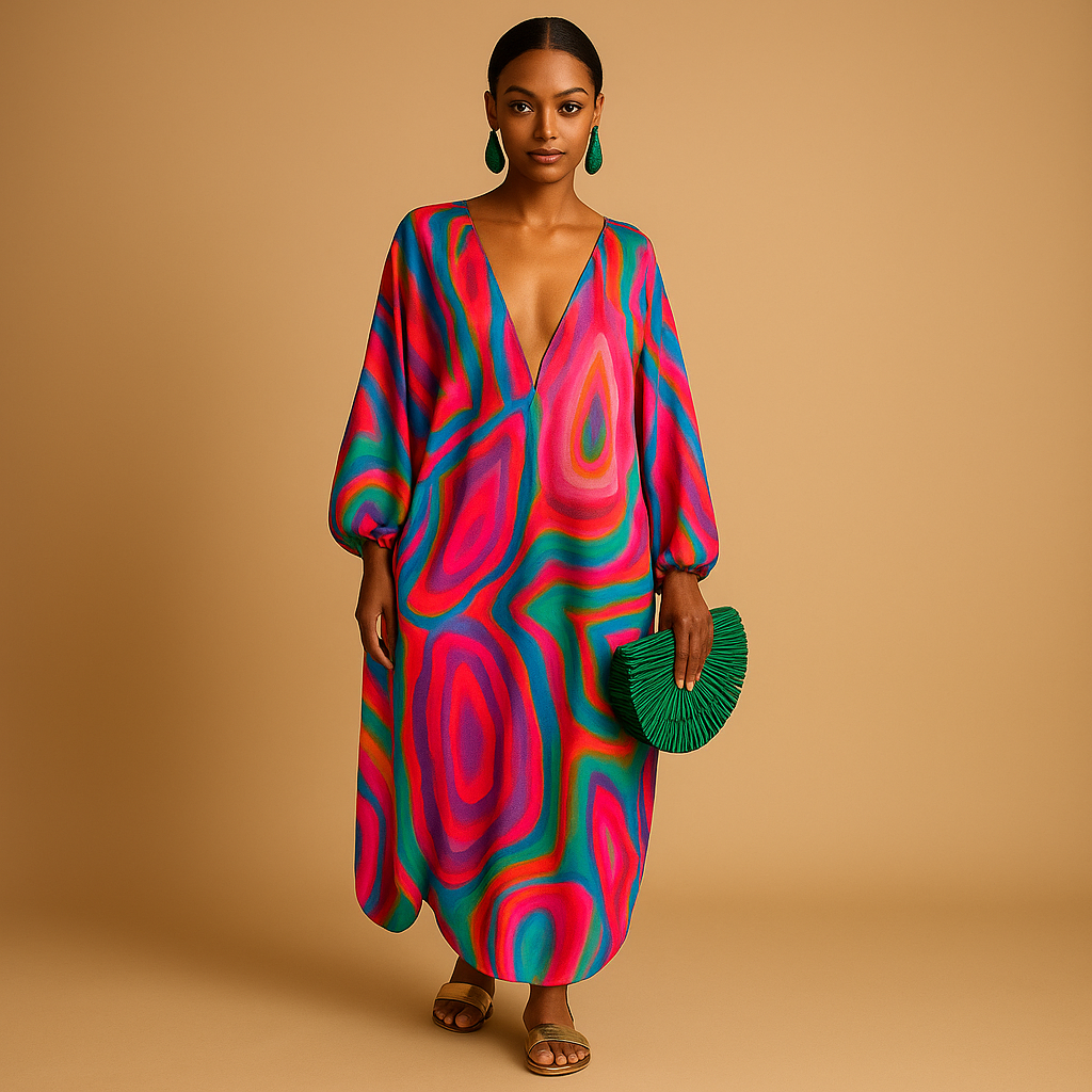 Women’s boho maxi dress with long sleeves and relaxed fit, perfect for summer days, beachwear, and festival outfits.