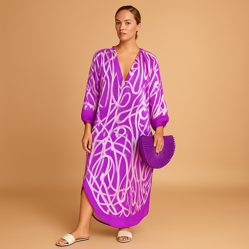 Women’s boho maxi dress with long sleeves and relaxed fit, perfect for summer days, beachwear, and festival outfits.