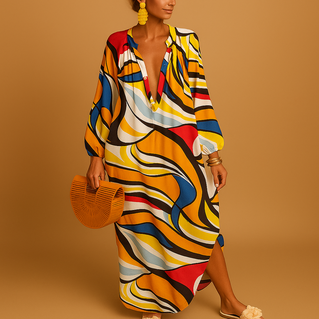 Women’s boho maxi dress with long sleeves and relaxed fit, perfect for summer days, beachwear, and festival outfits.