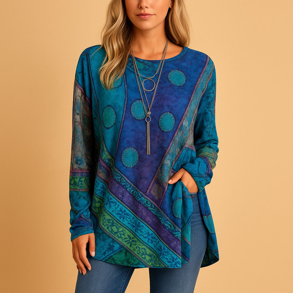 Women’s boho off-shoulder top with ethnic print and relaxed silhouette, perfect for festivals, summer days, and casual outfits.