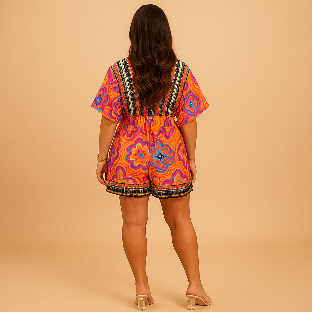 Stylish boho wide-leg summer jumpsuit for women in orange print with pleated waist and bat sleeves, perfect for beach days, parties, and casual wear.