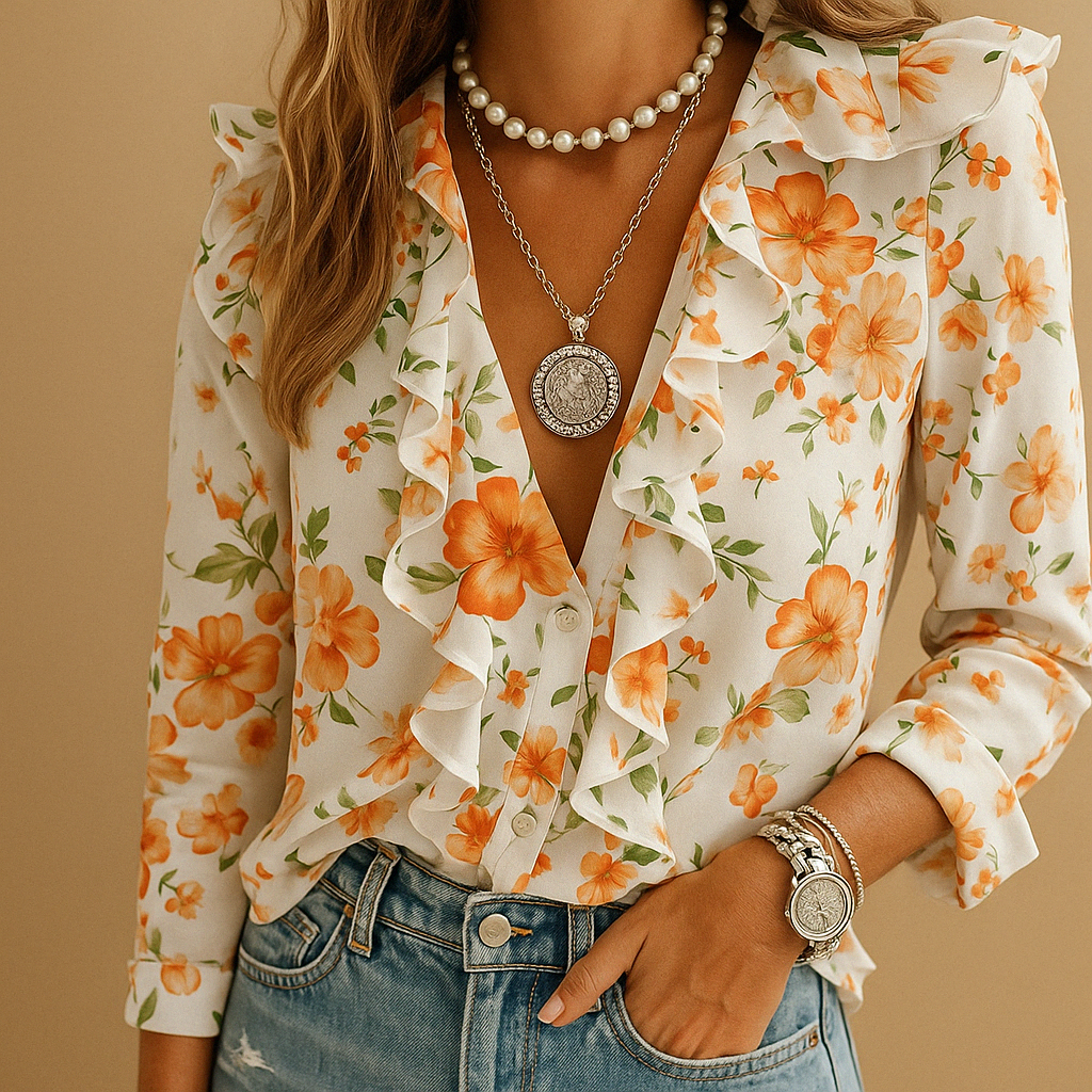 Elegant butterfly print blouse for women with ruffle sleeves and light tailored fit, ideal for both formal and casual occasions.