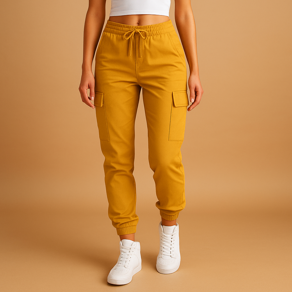 Women’s high waist cargo trousers with slim fit and durable stretch fabric, featuring functional cargo pockets for stylish casual or semi-formal looks.