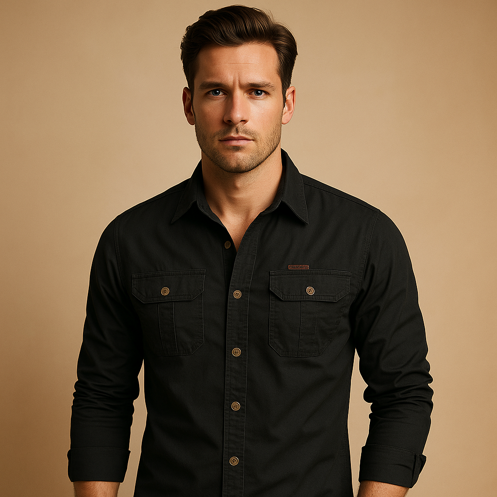 Casual cotton cargo shirt for men with relaxed fit and functional chest pockets, perfect for outdoor adventures and casual wear.