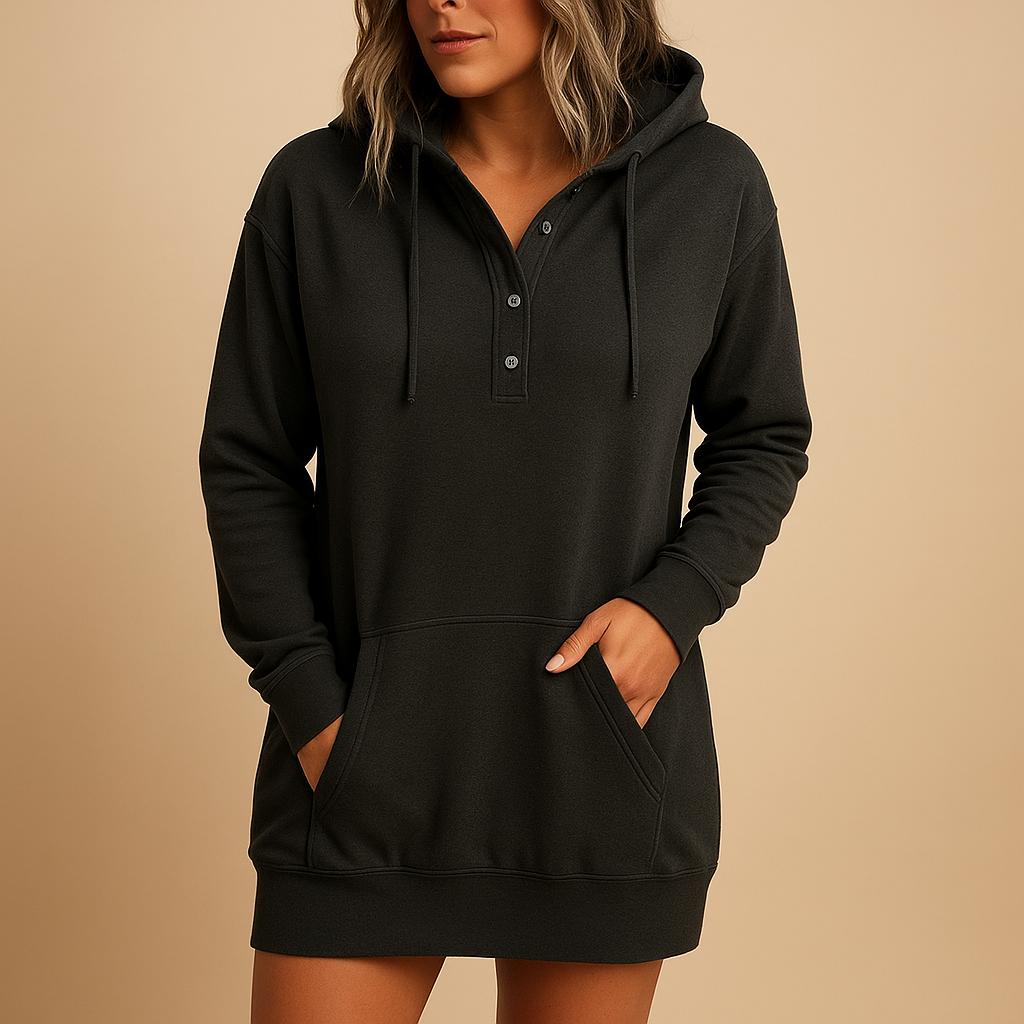 Women’s casual hoodie dress in a solid minimalist design with a loose breathable fit, perfect for streetwear, travel, and daily comfort.