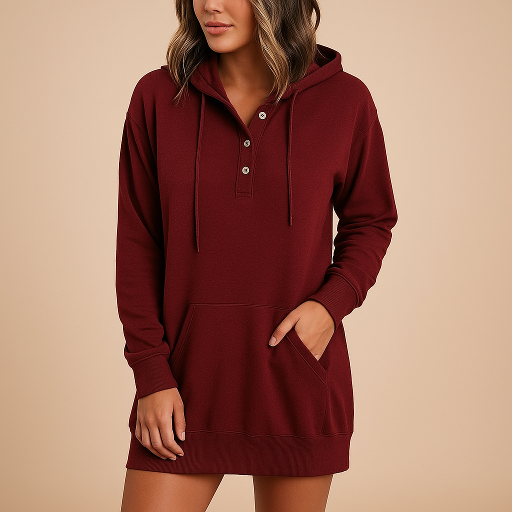 Women’s casual hoodie dress in a solid minimalist design with a loose breathable fit, perfect for streetwear, travel, and daily comfort.
