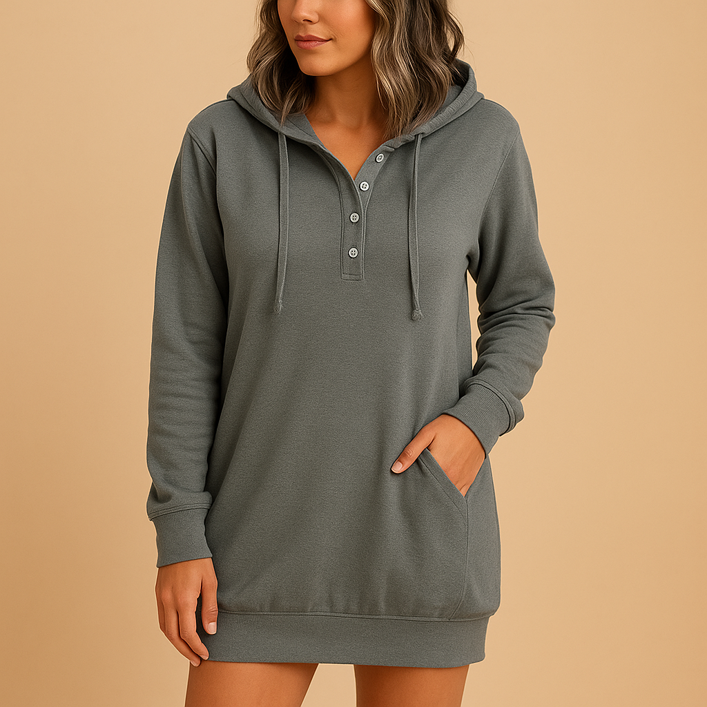 Women’s casual hoodie dress in a solid minimalist design with a loose breathable fit, perfect for streetwear, travel, and daily comfort.