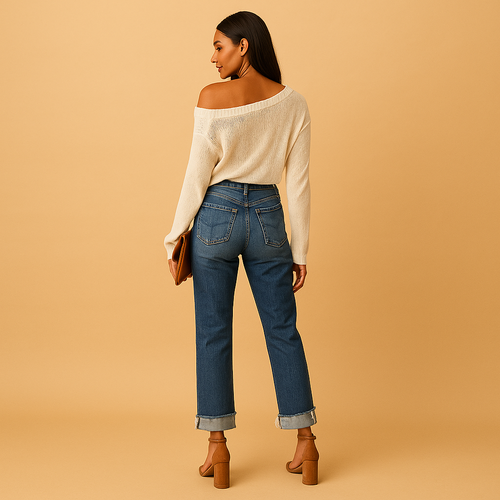 Women’s casual jeans with a relaxed fit and asymmetric waistband, designed for comfort and a modern urban style all year round.