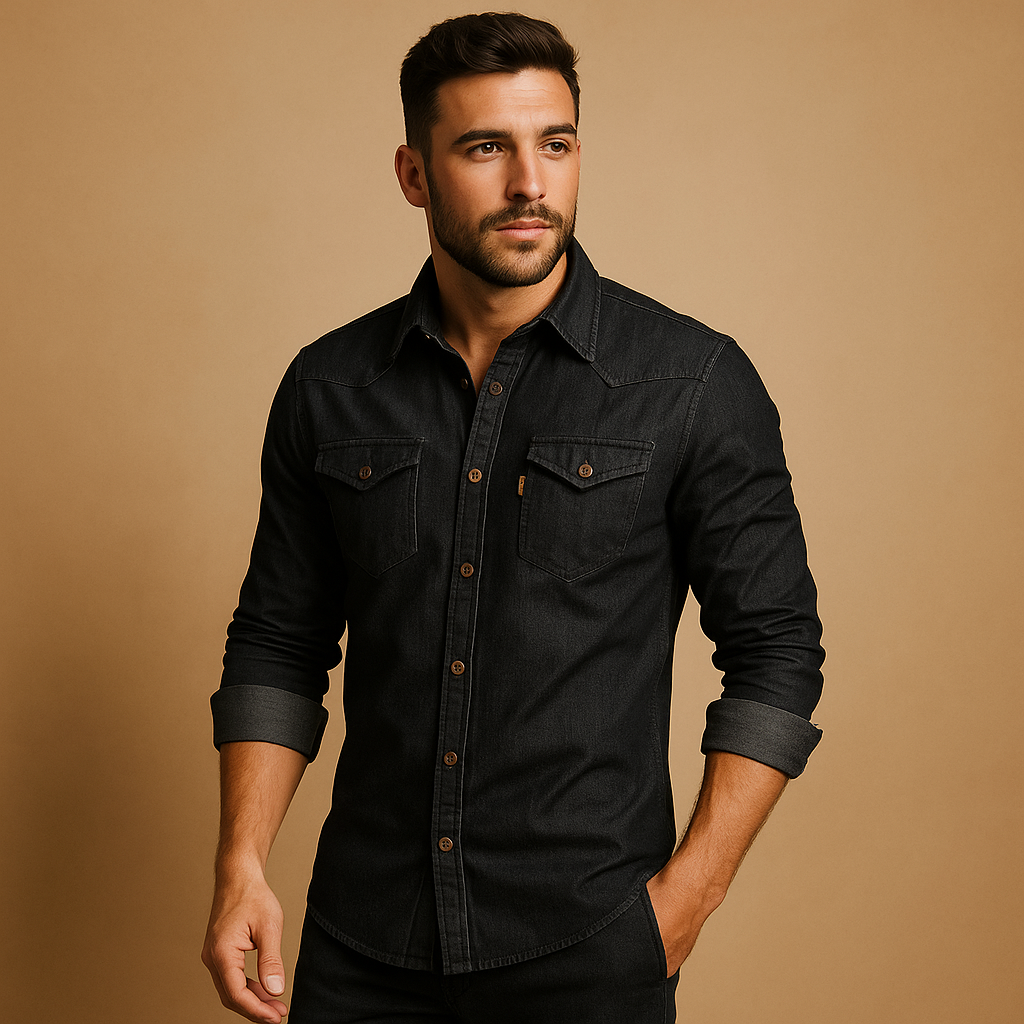 Men’s casual long sleeve shirt in black or navy blue, made from soft breathable cotton for comfort and effortless summer style.