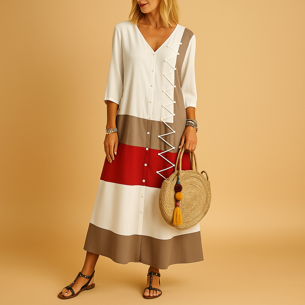 Women’s casual midi dress with color contrast and zig-zag stitching — stylish, comfortable, and perfect for everyday wear.