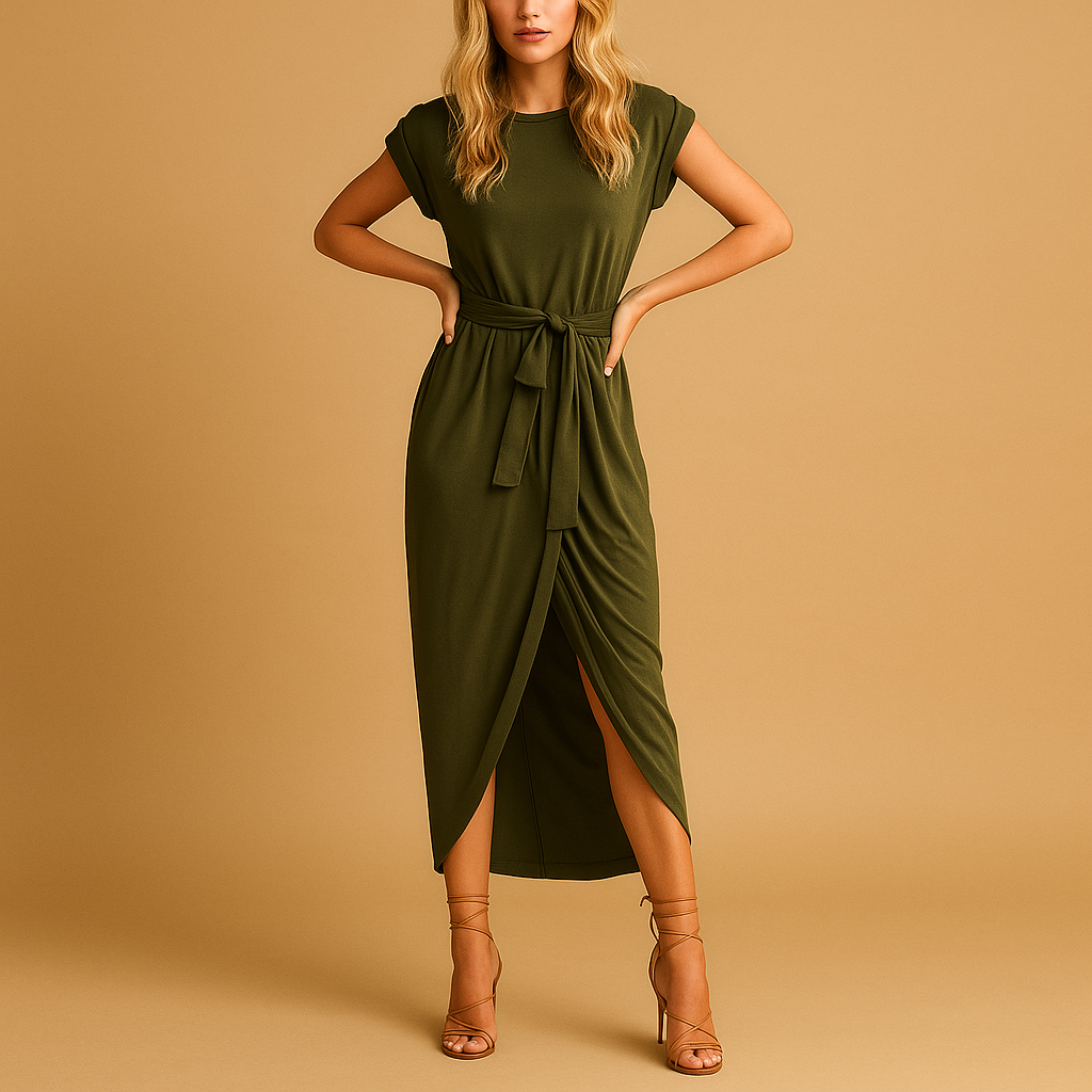Casual summer dress for women with short sleeves, light breathable fabric, and classic fit for warm-weather comfort and timeless elegance.
