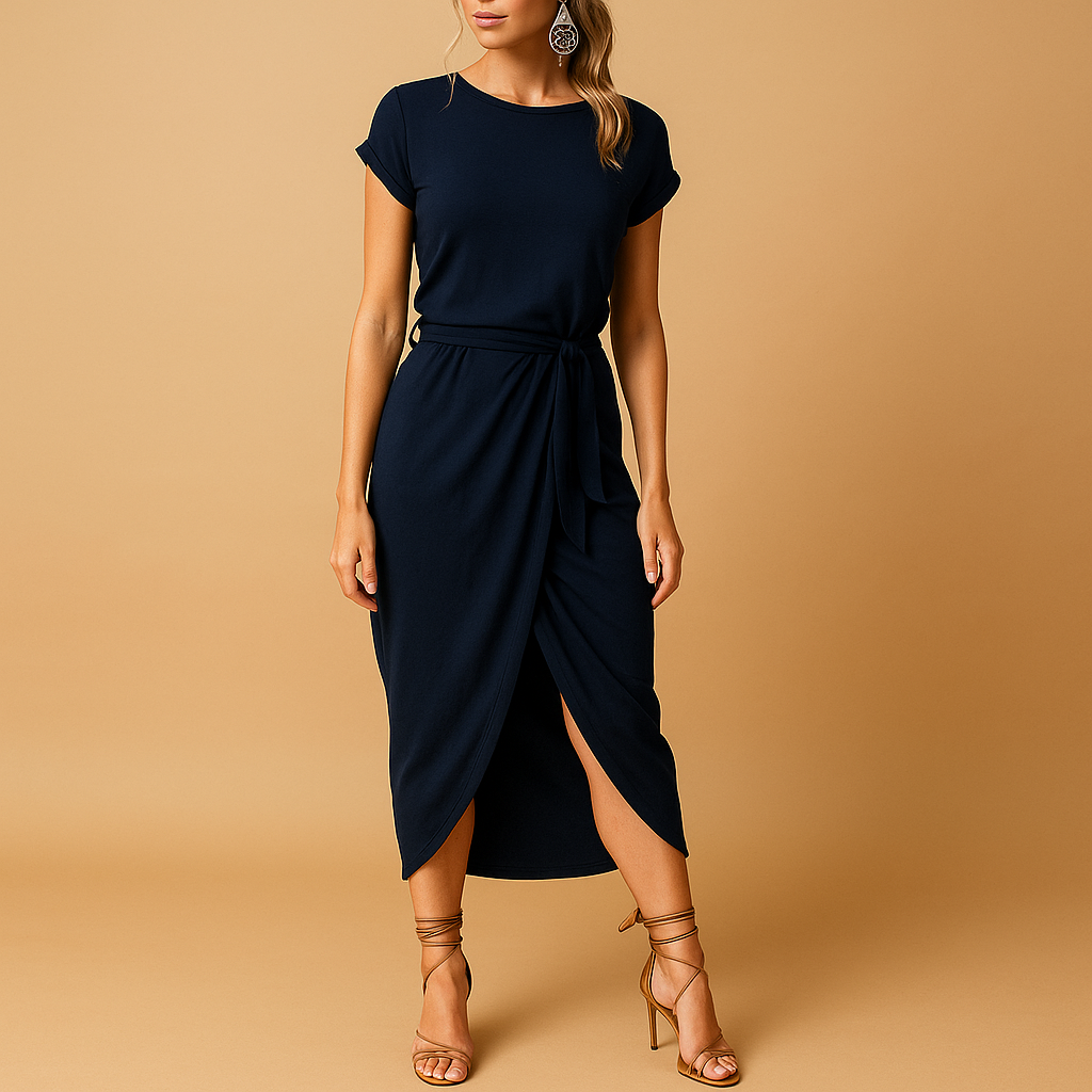 Casual summer dress for women with short sleeves, light breathable fabric, and classic fit for warm-weather comfort and timeless elegance.