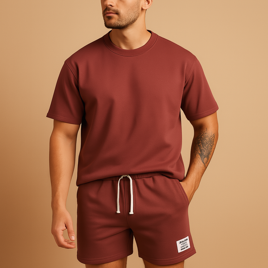 Men’s casual summer T-shirt and short set with relaxed fit, perfect for home wear, leisure, and warm summer outings.