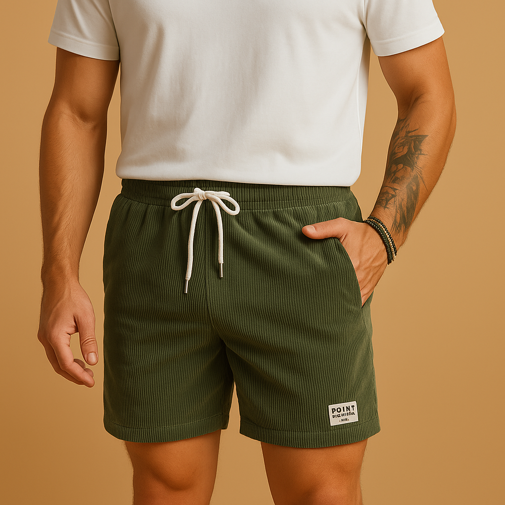 Men wearing Logan casual summer shorts with elastic waistband and textured lightweight fabric, perfect for beach, lounge, and casual wear.