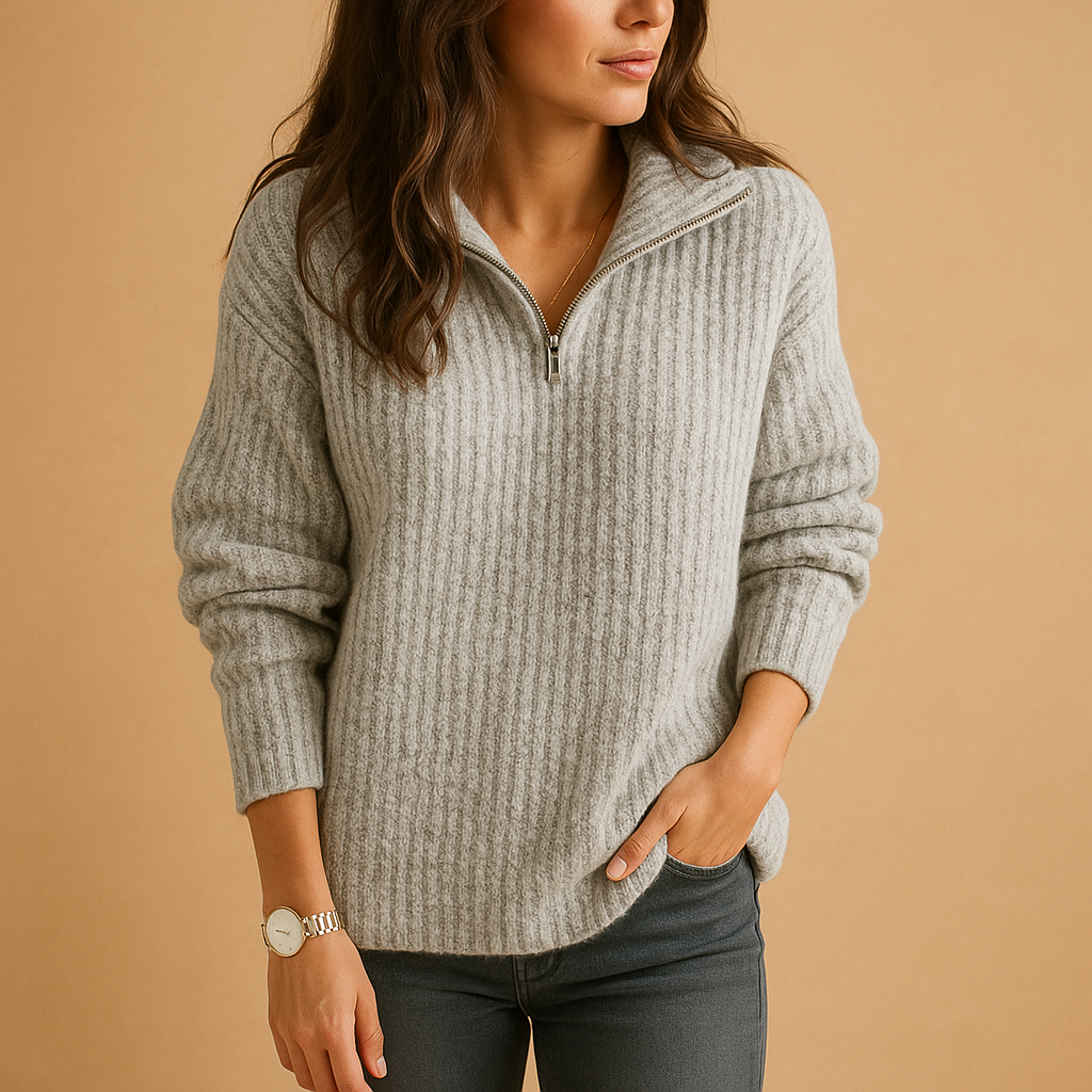 Women’s chic half zip sweater with flattering tailored fit, breathable fabric, and versatile styling in khaki, grey, blue, and black.