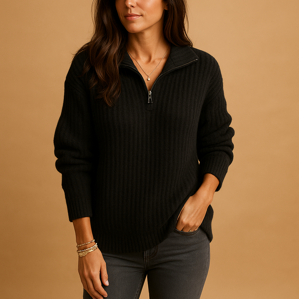 Women’s chic half zip sweater with flattering tailored fit, breathable fabric, and versatile styling in khaki, grey, blue, and black.
