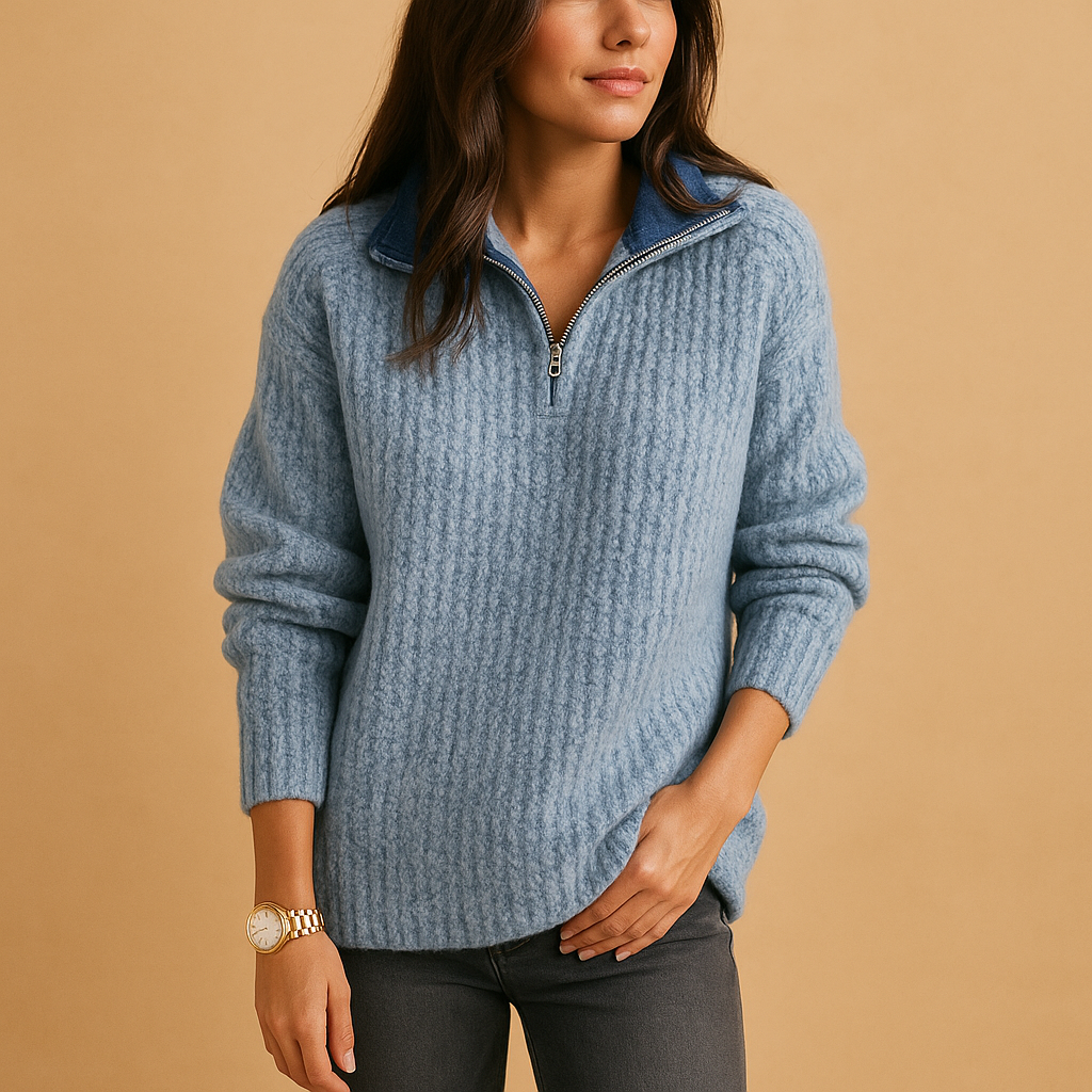 Women’s chic half zip sweater with flattering tailored fit, breathable fabric, and versatile styling in khaki, grey, blue, and black.