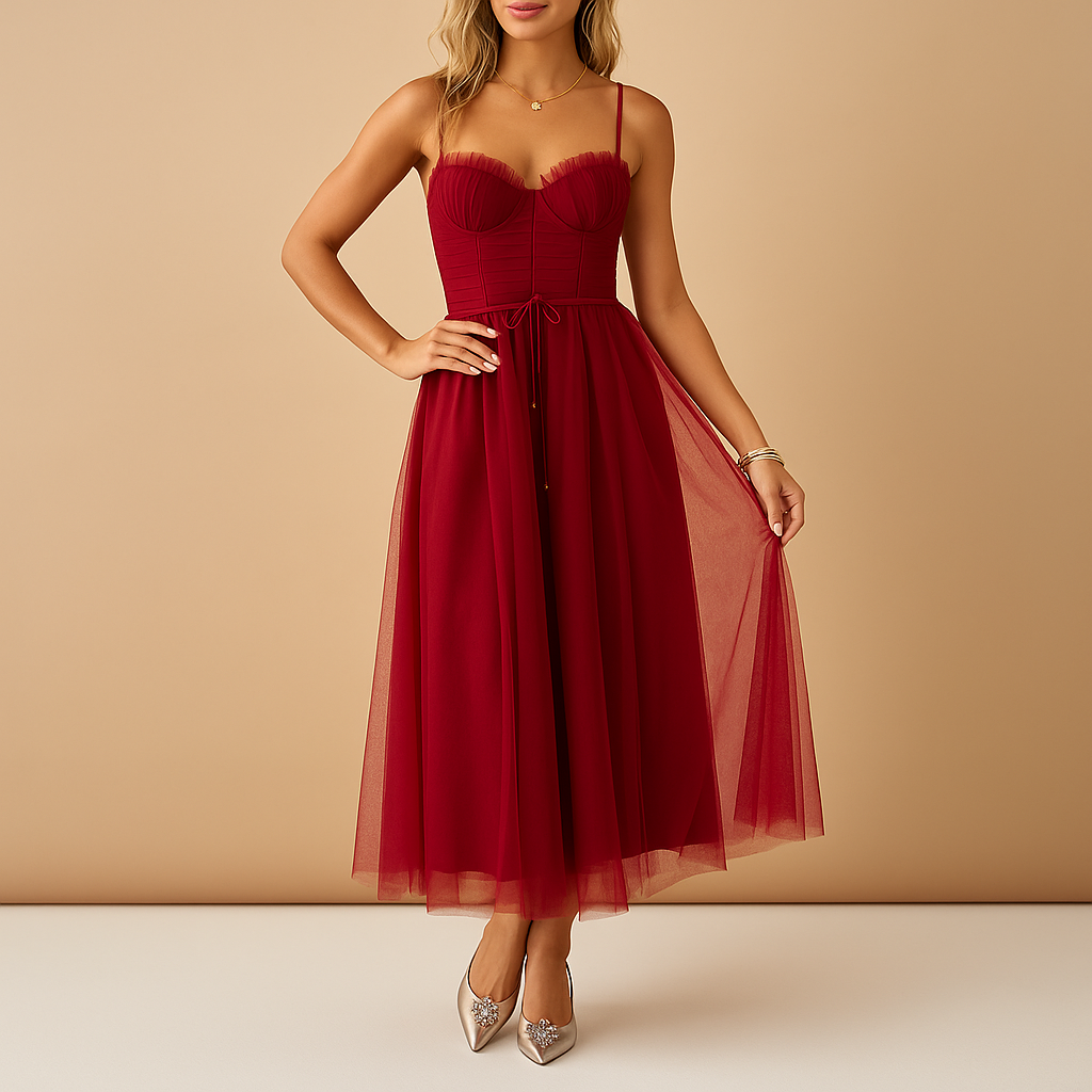 Chiffon maxi dress for women with tulle overlay and sleeveless design, perfect for weddings, evening parties, and elegant occasions.