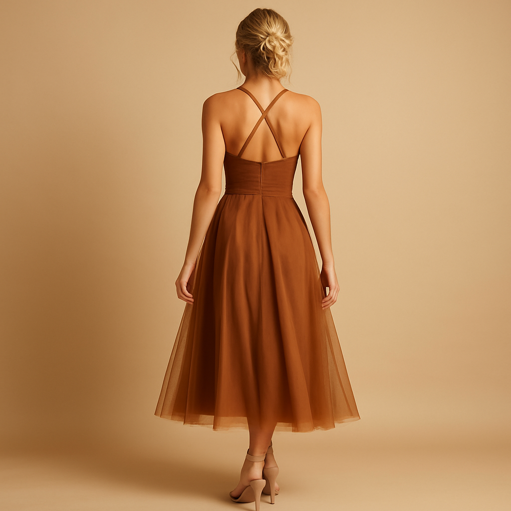 Chiffon maxi dress for women with tulle overlay and sleeveless design, perfect for weddings, evening parties, and elegant occasions.