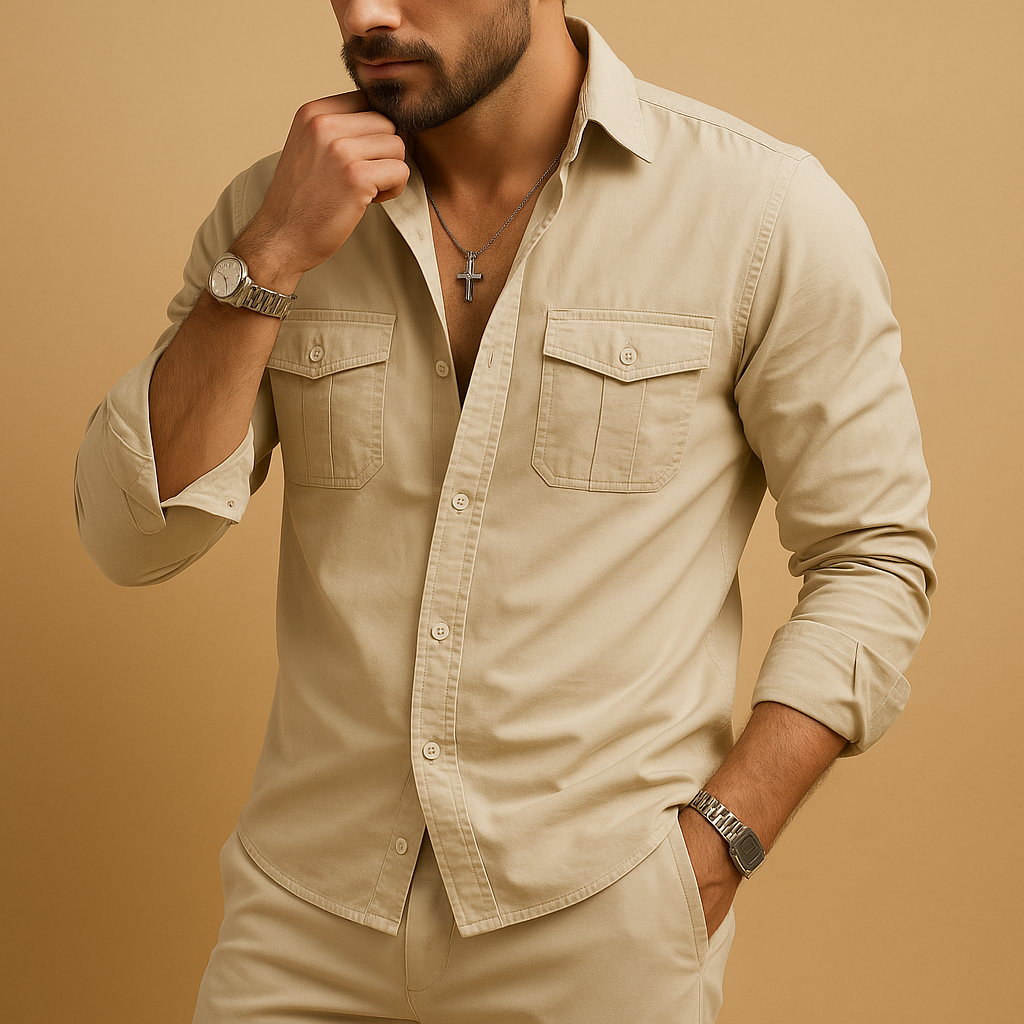 Men’s classic button-up shirt with collar and chest pocket, available in multiple colors, perfect for formal or casual occasions.