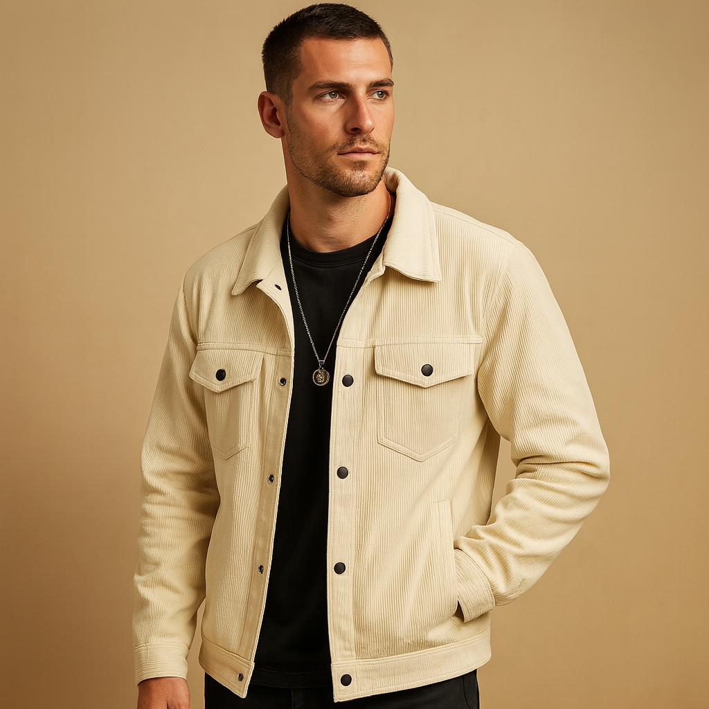 Men’s classic corduroy jacket with relaxed fit and timeless design, perfect for casual outfits and multi-season wear.