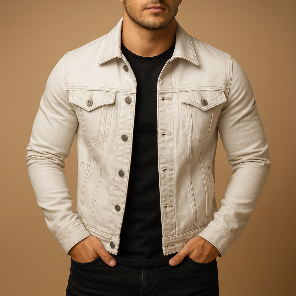 Men’s classic denim jacket with button closure and pockets, durable, stylish, and perfect for casual or summer wear.