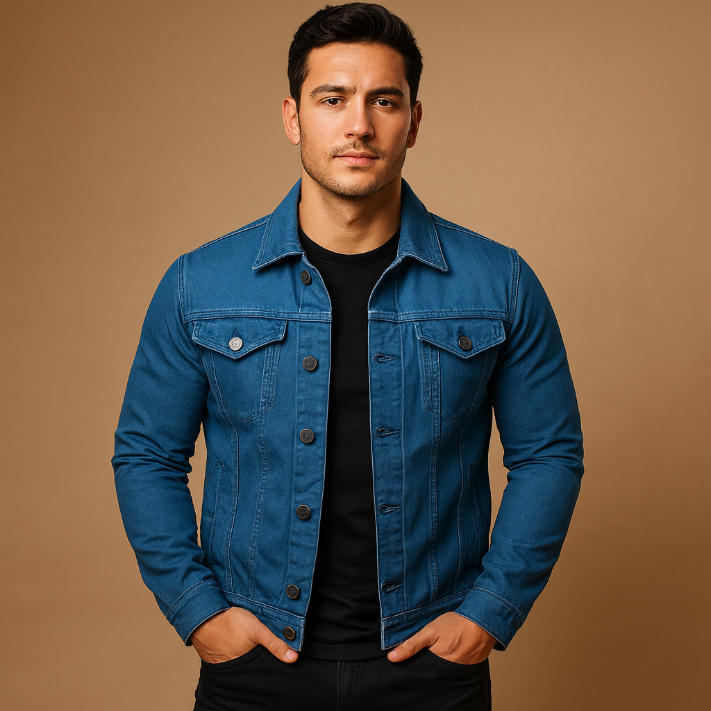 Men’s classic denim jacket with button closure and pockets, durable, stylish, and perfect for casual or summer wear.