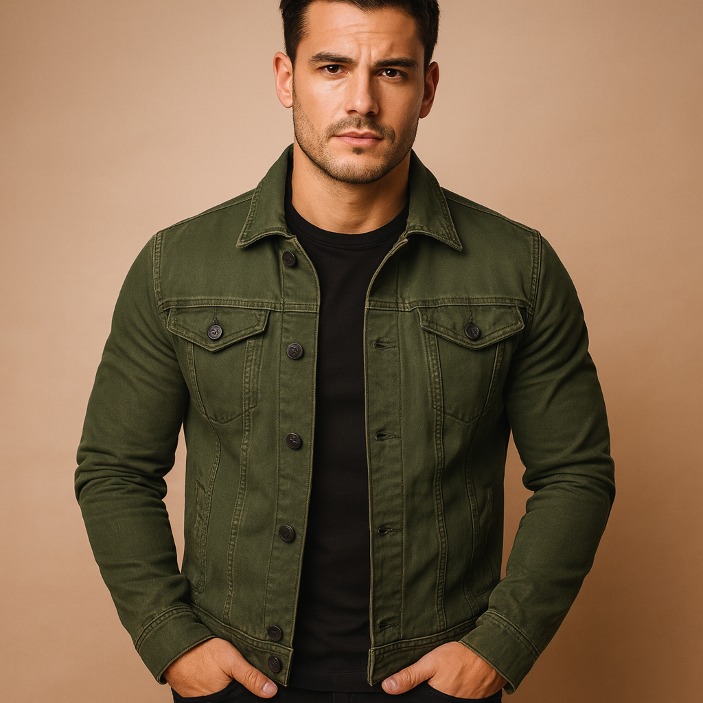 Men’s classic denim jacket with button closure and pockets, durable, stylish, and perfect for casual or summer wear.
