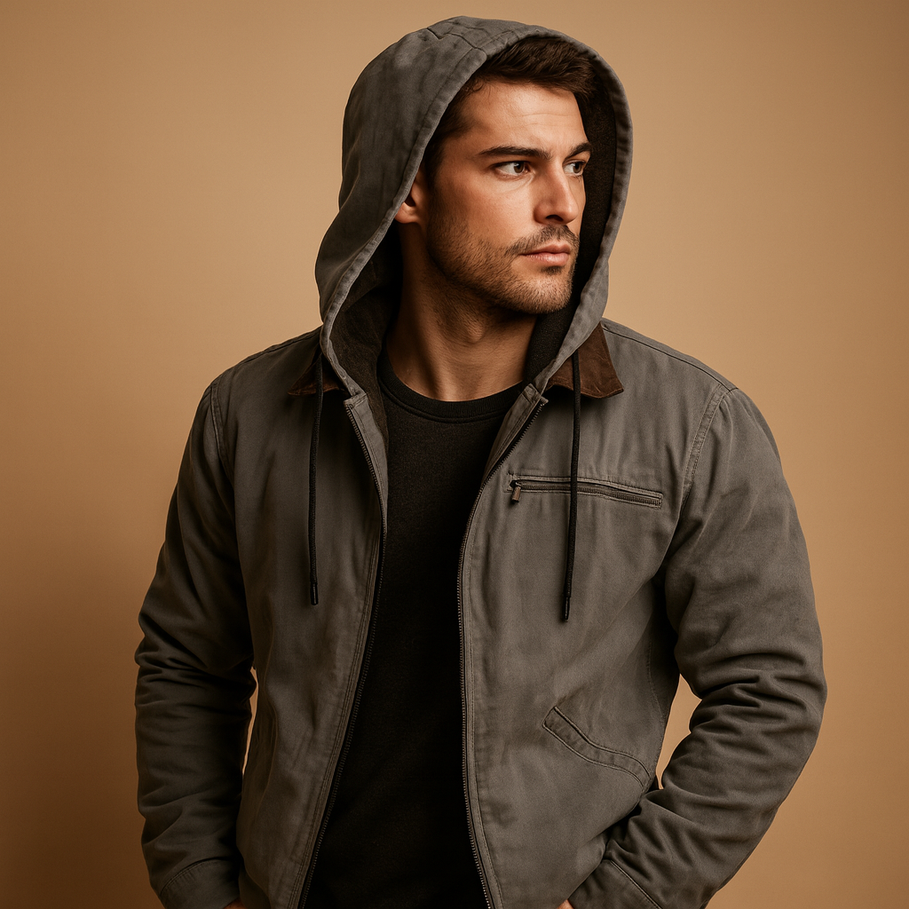 Men’s classic winter jacket with hood and soft inner lining, ideal for cold days and outdoor wear.