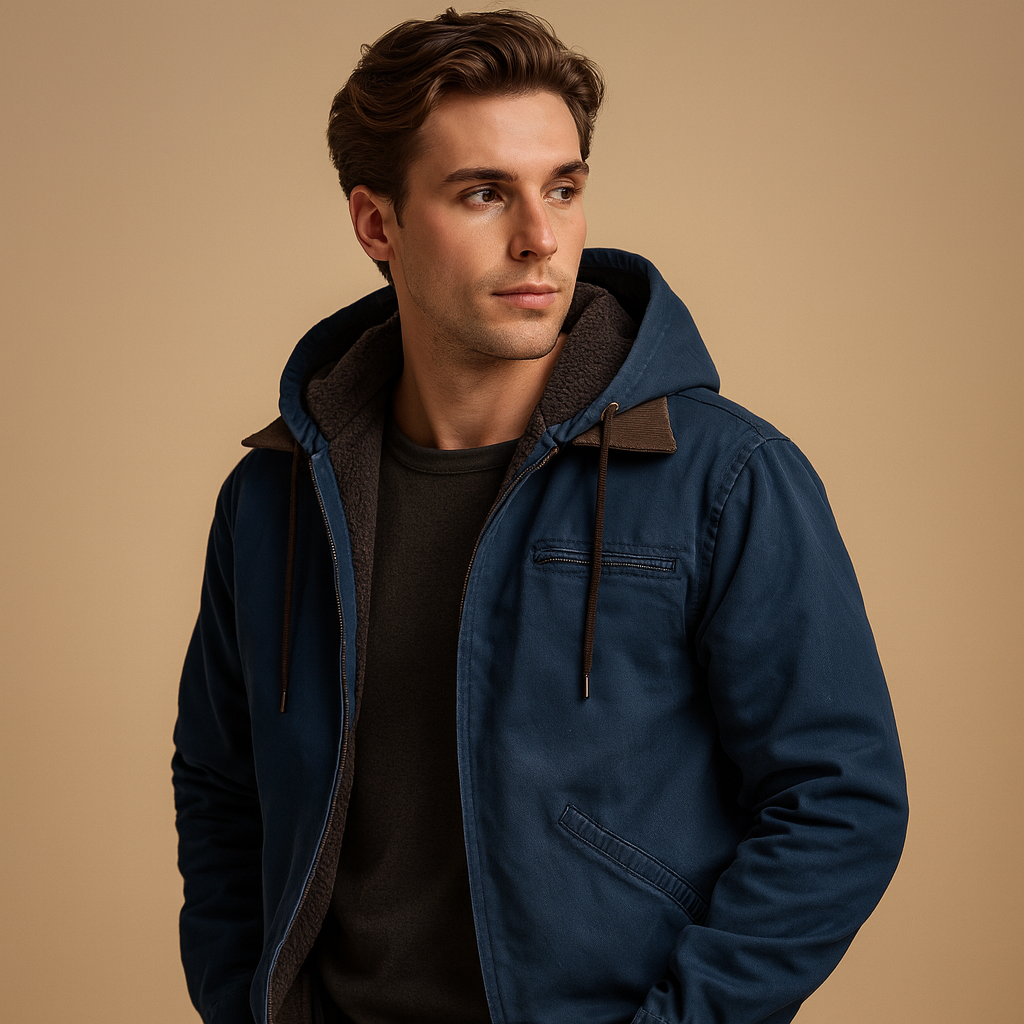 Men’s classic winter jacket with hood and soft inner lining, ideal for cold days and outdoor wear.