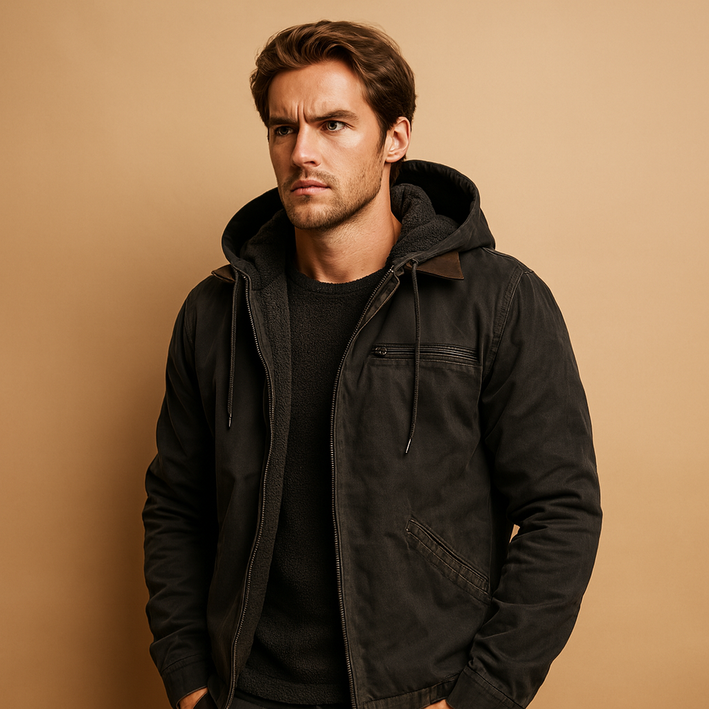 Men’s classic winter jacket with hood and soft inner lining, ideal for cold days and outdoor wear.