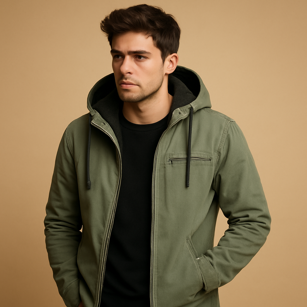 Men’s classic winter jacket with hood and soft inner lining, ideal for cold days and outdoor wear.