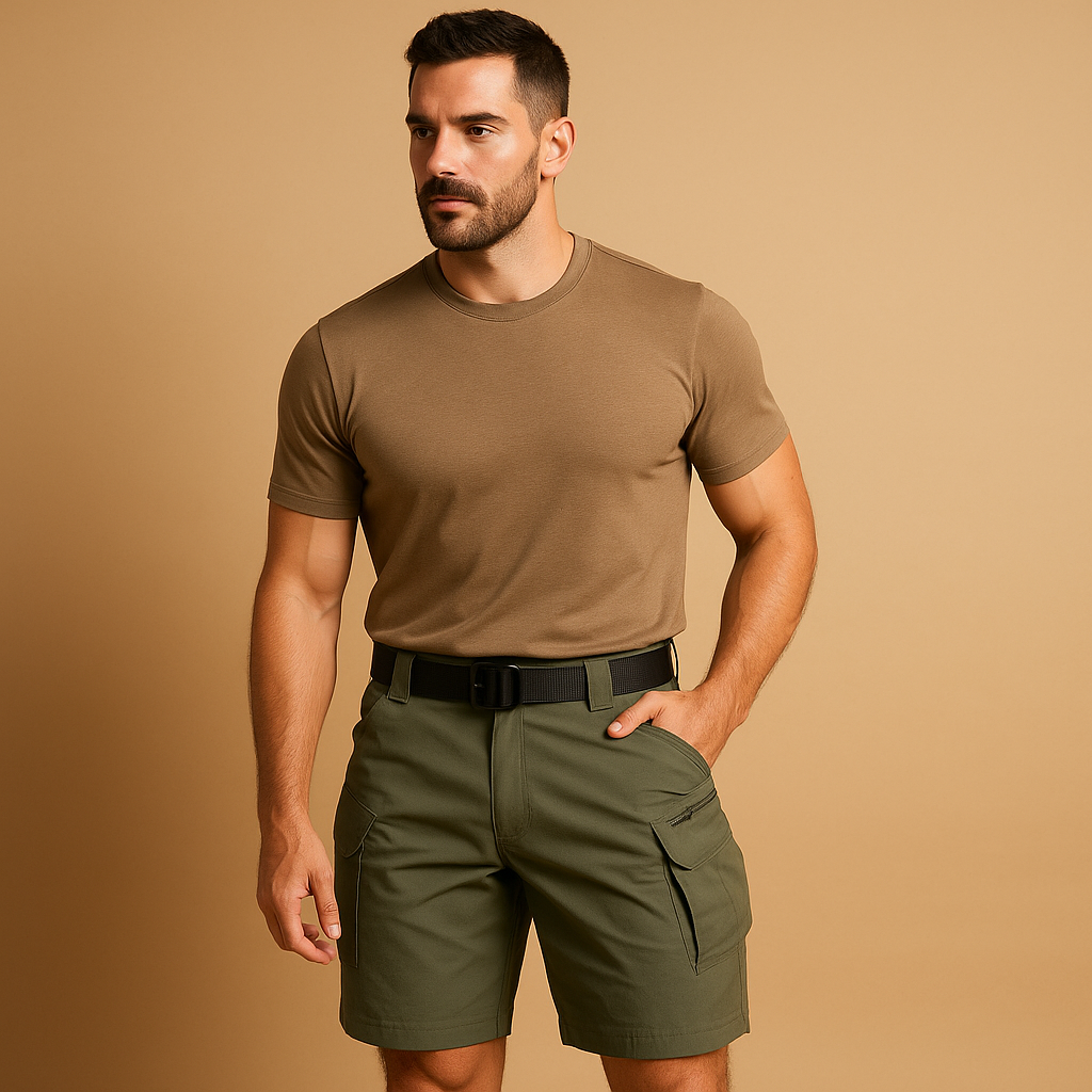 Men wearing Aiden comfortable cargo shorts with multiple spacious pockets, breathable cotton-blend design perfect for outdoor and casual wear.