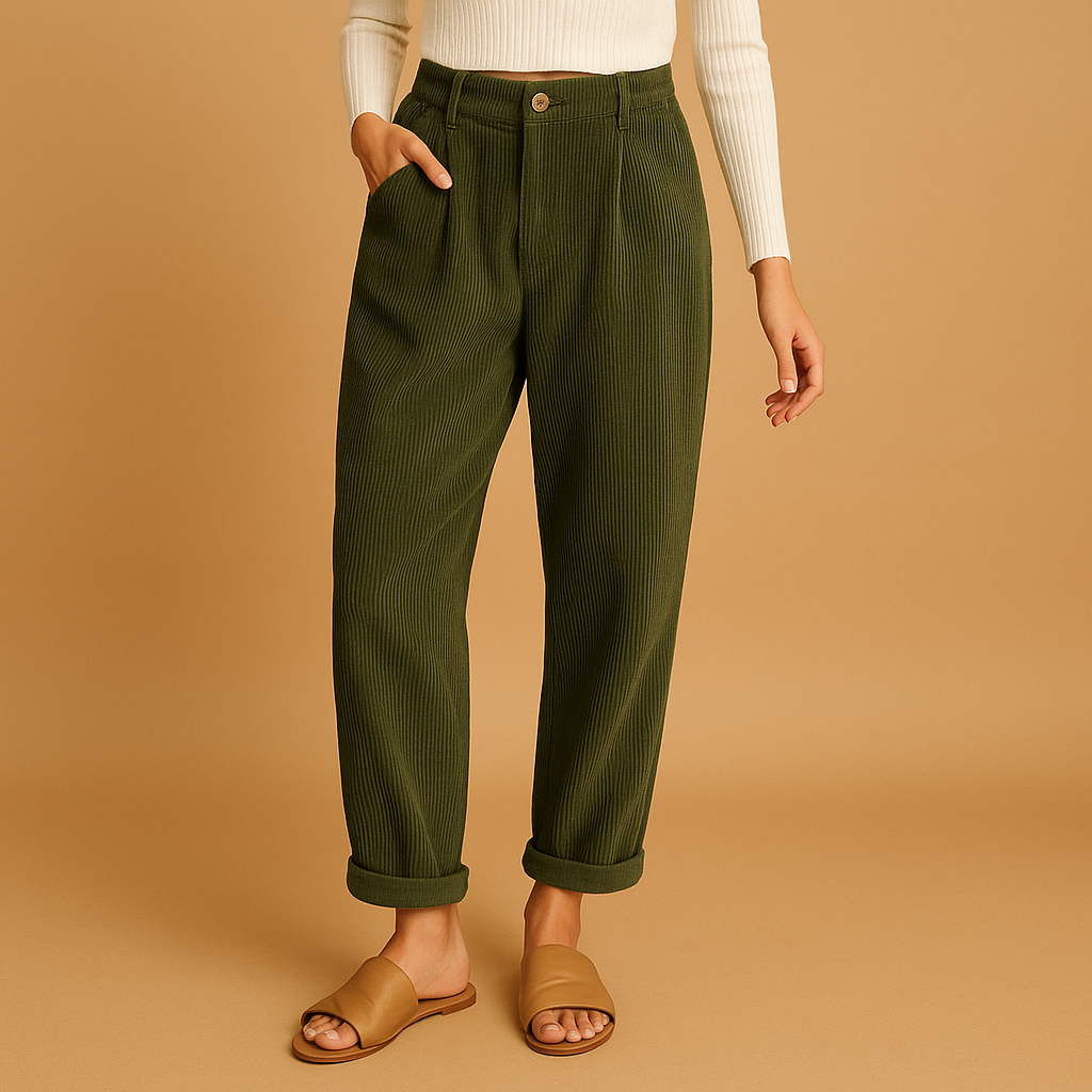 Women’s corduroy high waisted pants with straight legs in black, orange, army green, dark blue, khaki, and dark gray, perfect for autumn and casual chic looks.