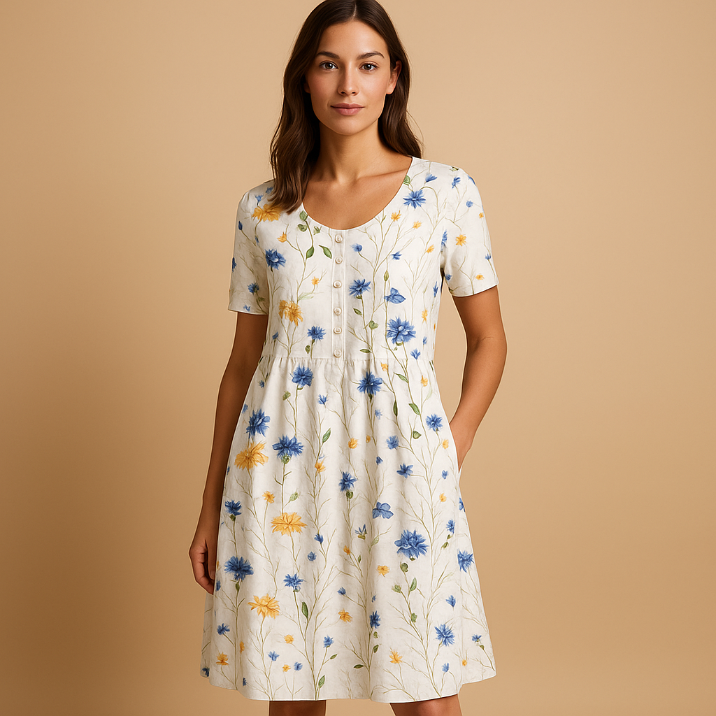 Women’s cotton printed midi dress with flattering fit and playful summer prints, perfect for holidays, city days, and casual outings.