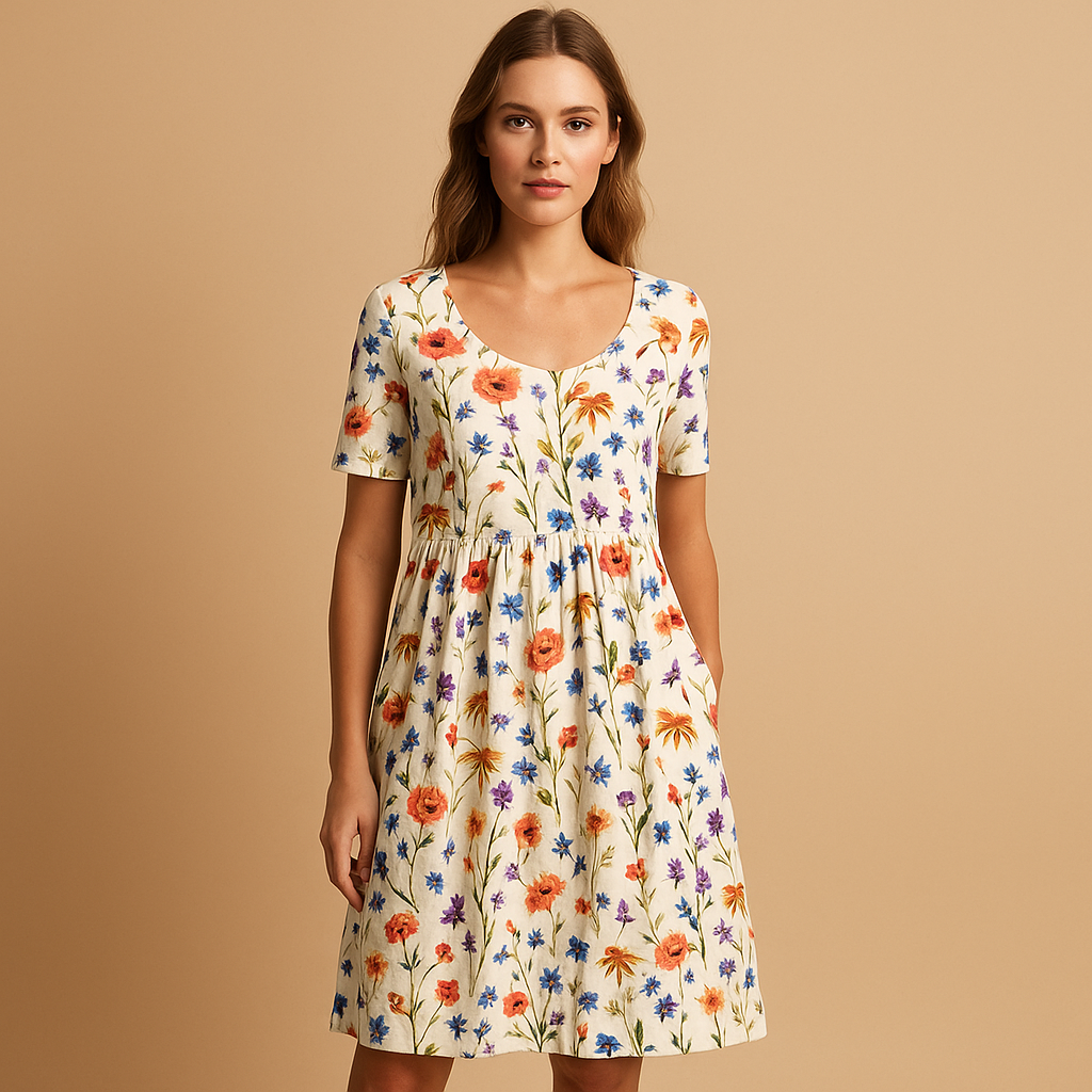 Women’s cotton printed midi dress with flattering fit and playful summer prints, perfect for holidays, city days, and casual outings.