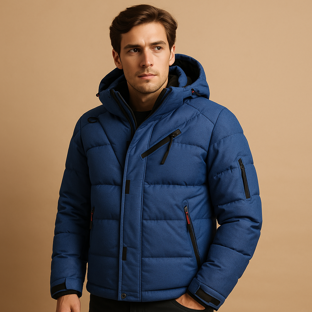Men’s down parka winter jacket with removable hood and 90% insulation, perfect for cold weather and outdoor activities.