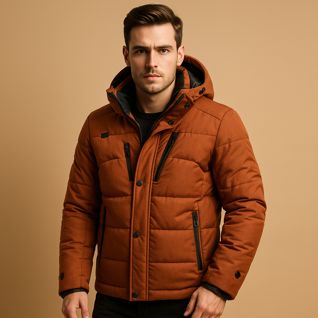 Men’s down parka winter jacket with removable hood and 90% insulation, perfect for cold weather and outdoor activities.