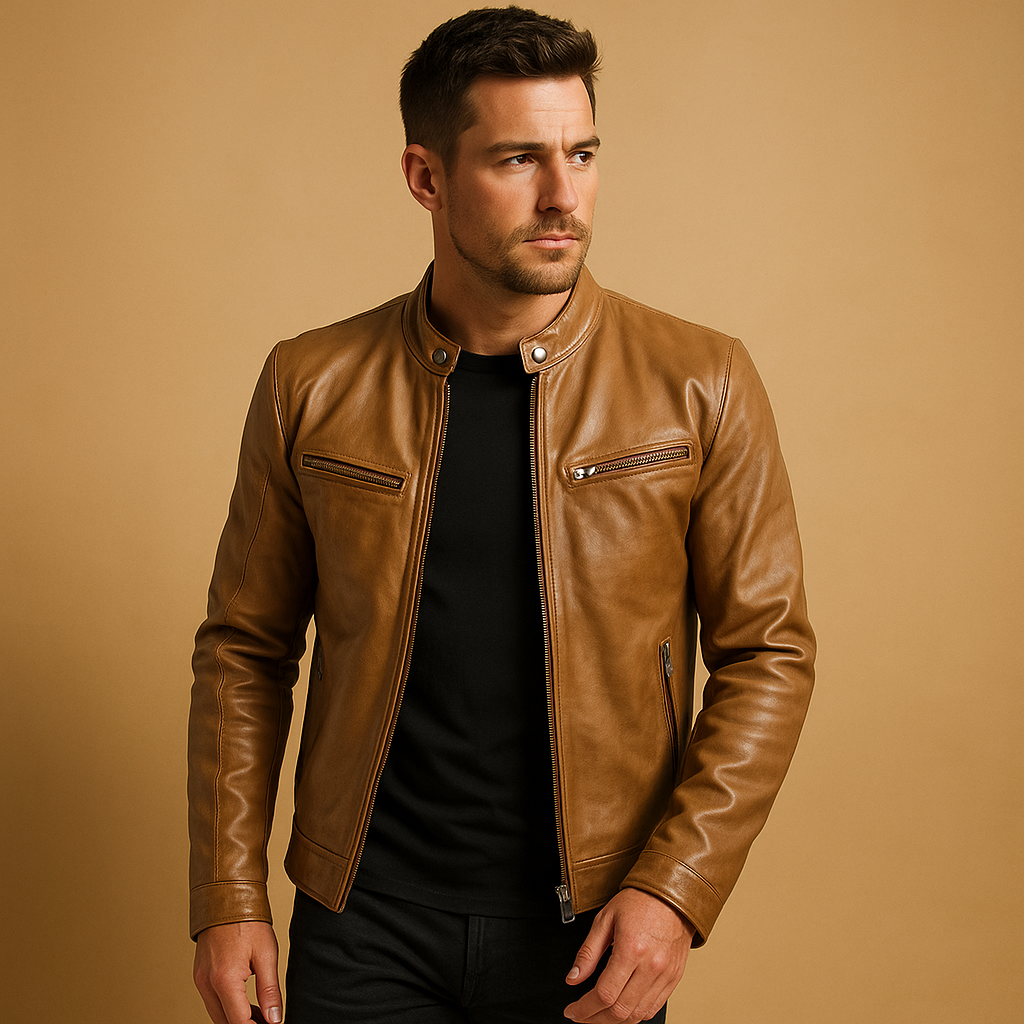 Men’s elegant leather mid-season jacket made from high-quality PU leather, perfect for casual and formal outfits in any season.