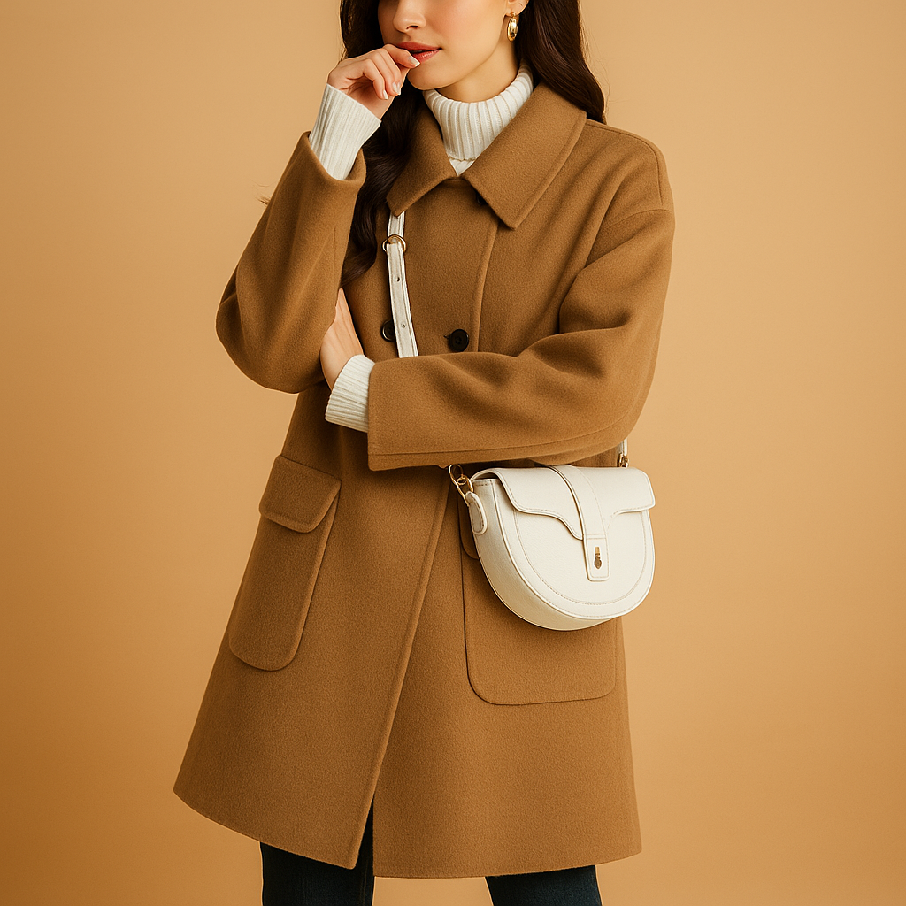 Elegant long women’s coat with soft premium fabric, relaxed feminine fit and minimalist timeless design.