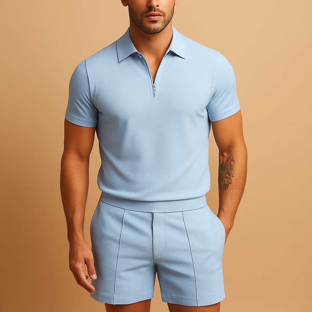 Men’s elegant polo short set with slim fit, perfect for summer occasions, dinners, and vacation wear.