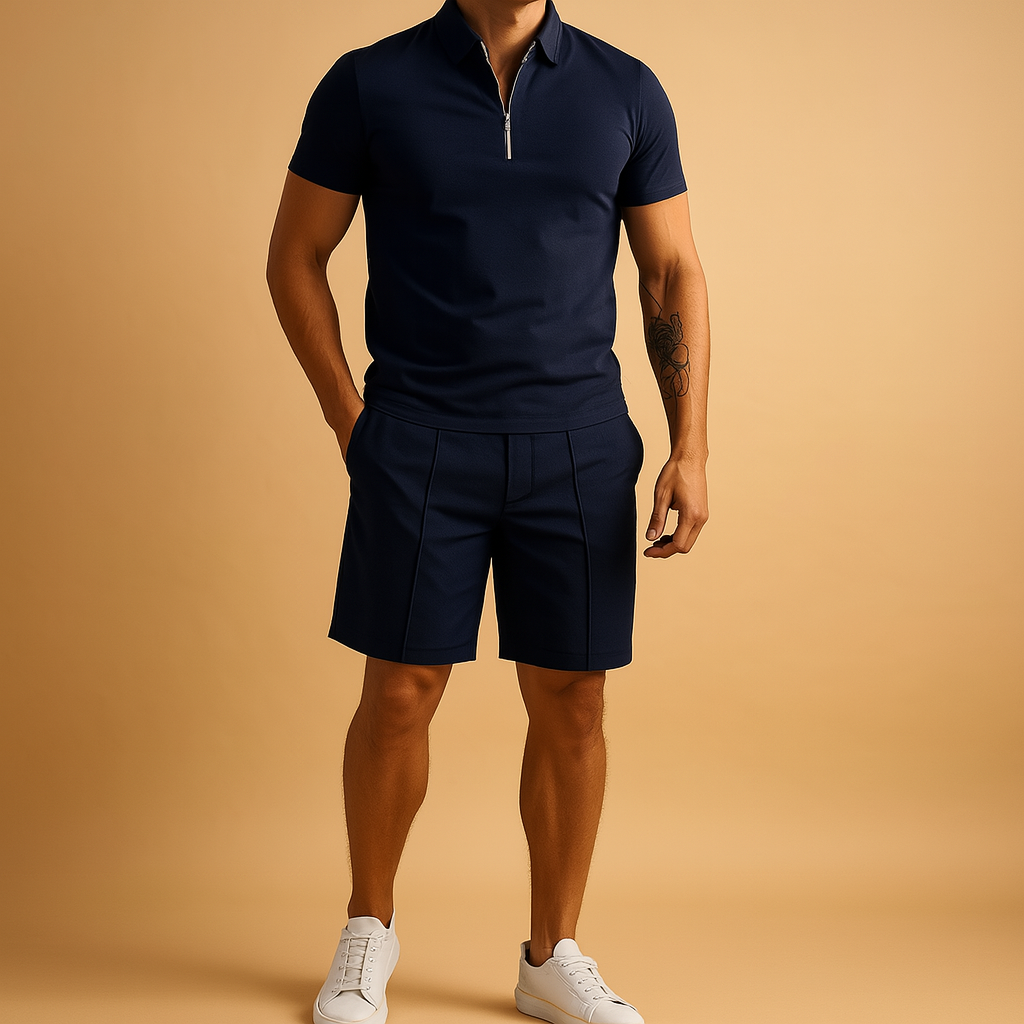 Men’s elegant polo short set with slim fit, perfect for summer occasions, dinners, and vacation wear.